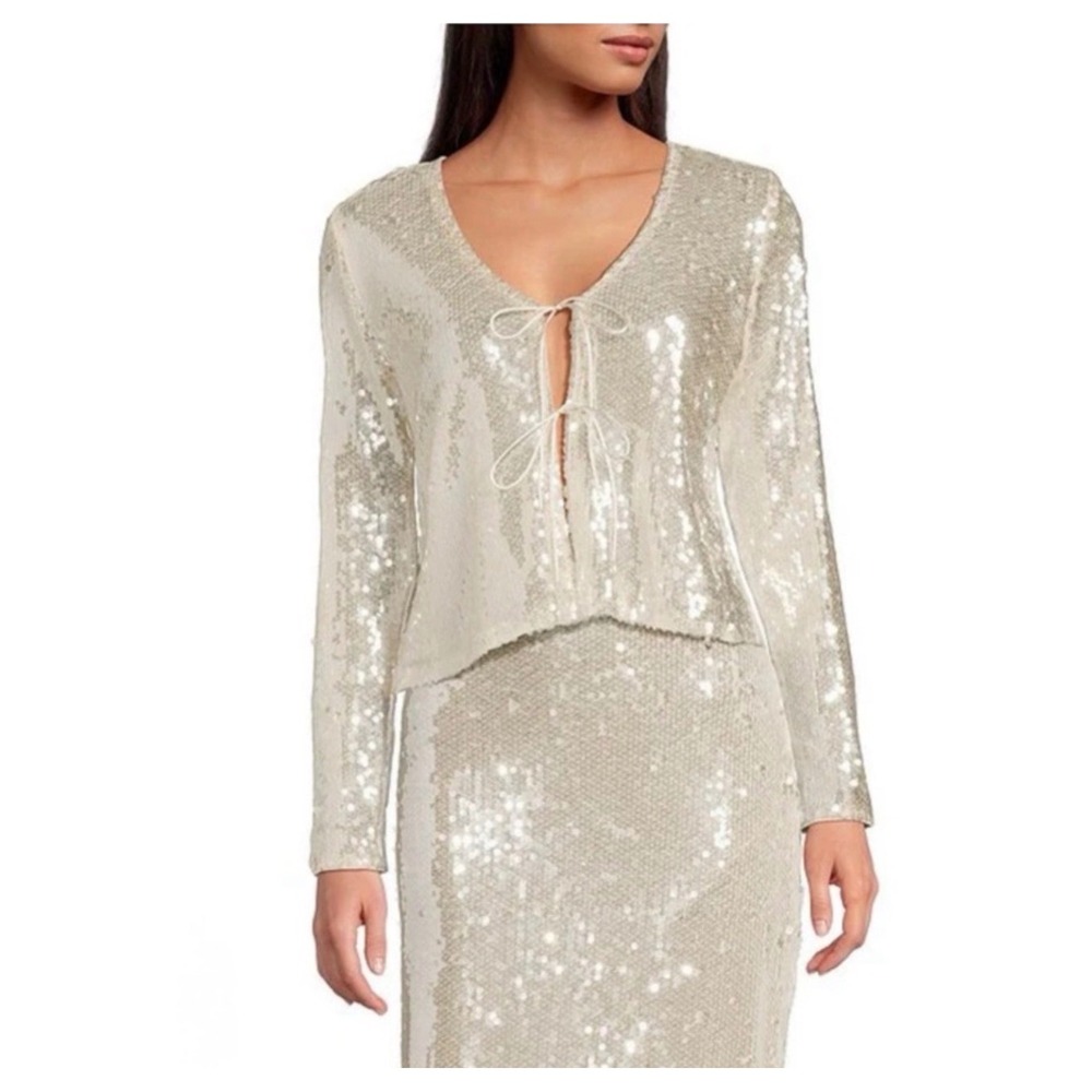 Gianni Bini Kate Sequin Cardigan Sz M Dove Cream color Ties